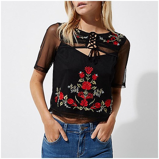 Petite black embroidered front lace mesh top 