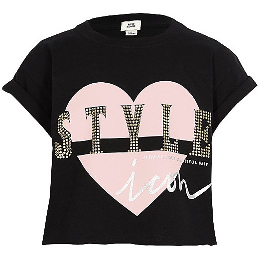 Girls black 'style' print cropped T-shirt 