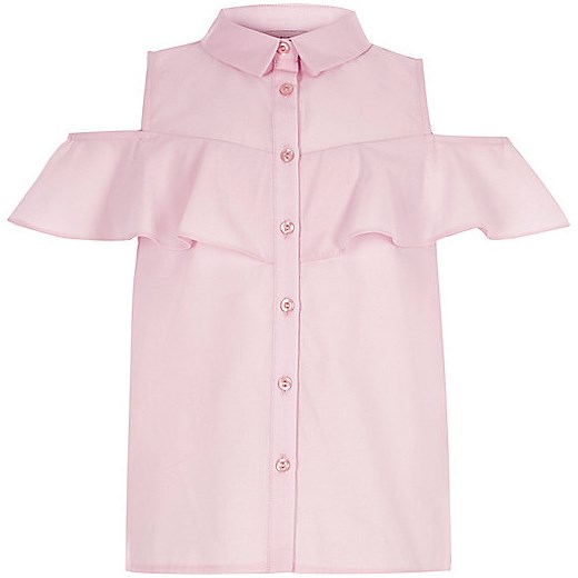 Girls pink cold shoulder frill shirt 