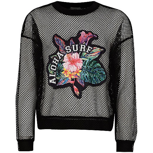 Girls black mesh 'aloha surf' mesh sweatshirt 