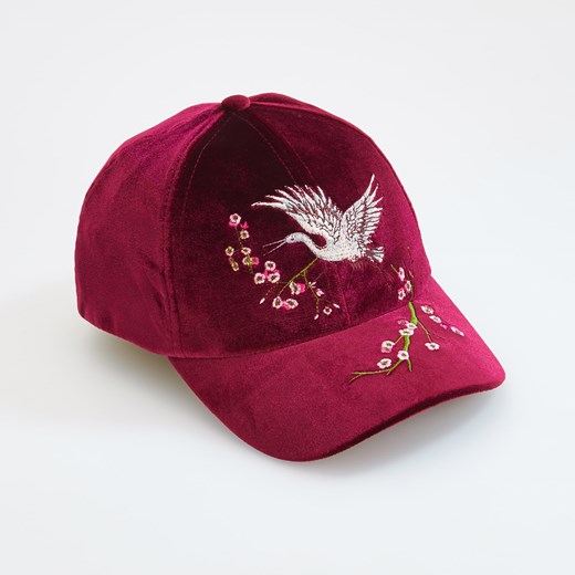 Reserved - Welurowa czapka z haftem - Brązowy