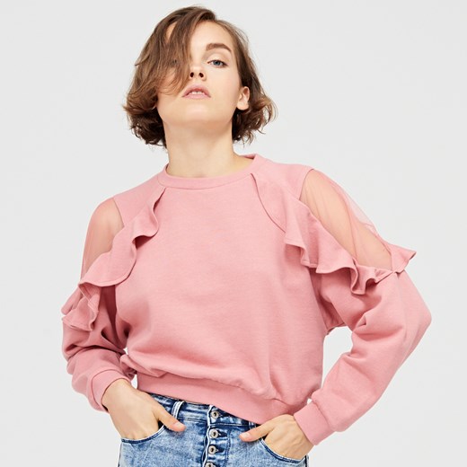 Cropp - Miękka bluza z transparentną wstawką - Fioletowy rozowy Cropp S 