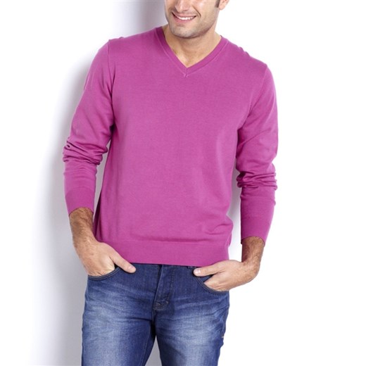 Sweter z dekoltem w kształcie litery V, bawełna 100% la-redoute-pl rozowy bawełniane
