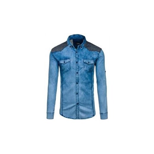 Koszula męska jeansowa we wzory z długim rękawem niebieska Denley 0517-1