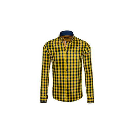 Koszula męska w kratę z długim rękawem żółta Bolf 4701