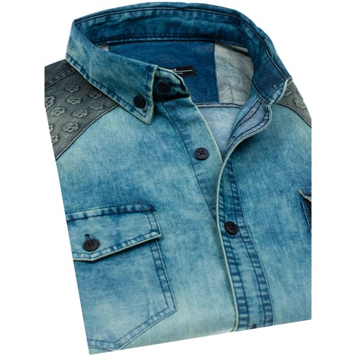 Koszula męska jeansowa we wzory z długim rękawem granatowo-szara Denley 0517-1