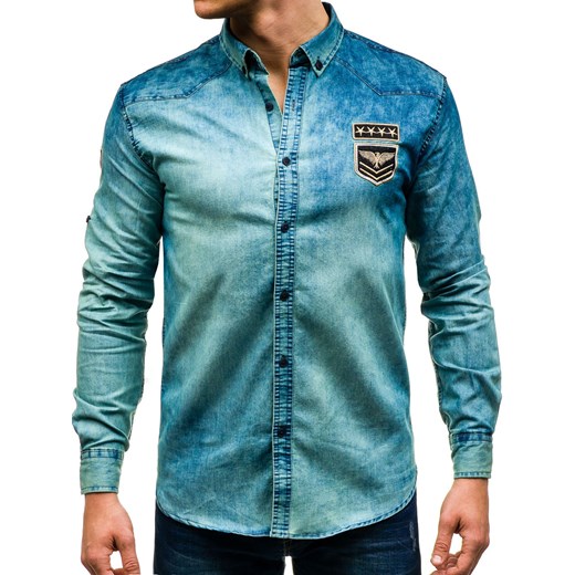 Koszula męska jeansowa z długim rękawem granatowo-szara Denley 0992