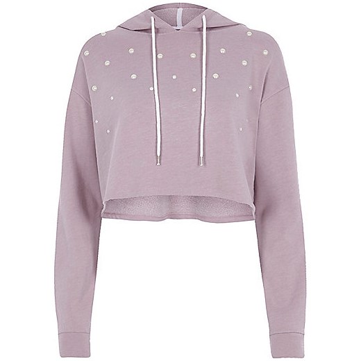 Light purple pearl embellished cropped hoodie  szary River Island  