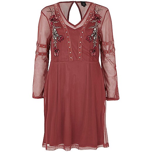 Dark pink mesh studded skater dress  River Island czerwony  