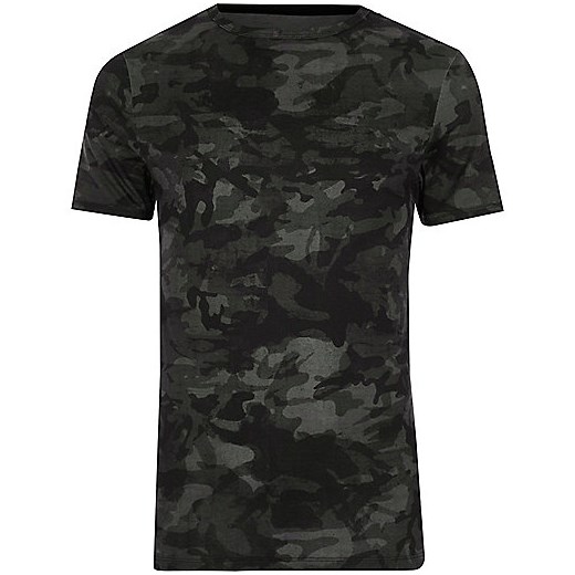 Green camo print muscle fit T-shirt  czarny River Island  