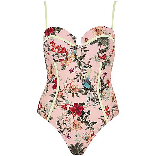 Pink floral print balconette swimming costume  River Island bezowy  