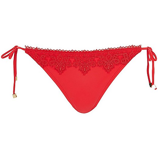 Red lace trim tie side bikini bottoms 