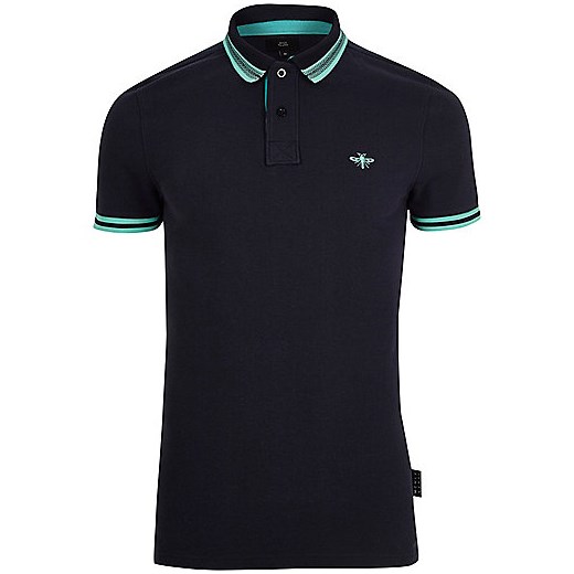 Navy muscle fit tipped polo shirt  czarny River Island  