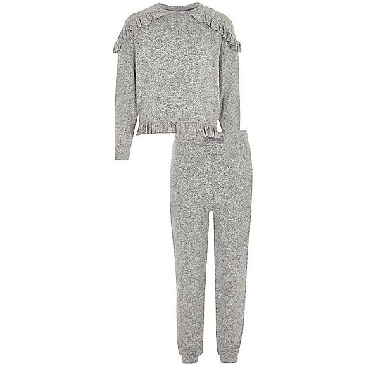 Girls grey knit frill top and joggers outfit  szary River Island  