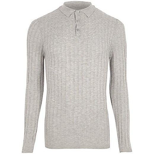 Grey ribbed cable knit long sleeve polo shirt  szary River Island  