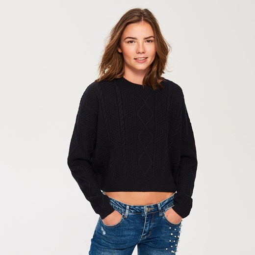 Sinsay - Krótki sweter o wyraźnym splocie - Granatowy czarny Sinsay XL 