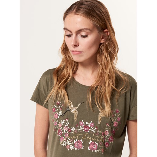 Mohito - T-shirt z botaniczną aplikacją - Zielony Mohito brazowy XL 
