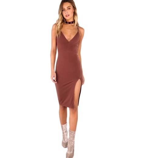 Seksowna dopasowana sukienka -nude brąz XS czerwony S wyprzedaż SOTHE Boutique