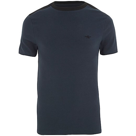 Navy muscle fit contrast crew neck T-shirt  szary River Island  