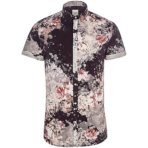 Black floral slim fit short sleeve shirt  River Island bezowy  