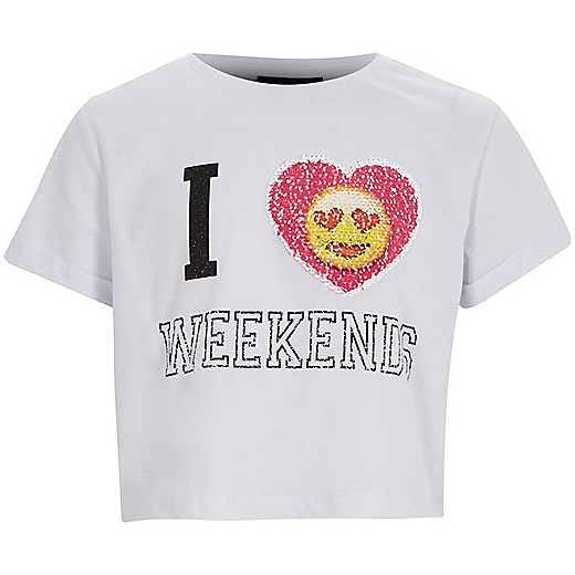 Girls 'I love weekends' emoji sequin T-shirt  szary River Island  