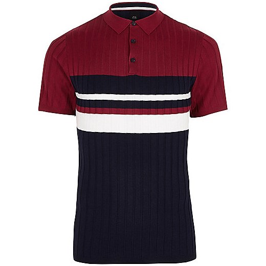 Navy block stripe muscle fit polo shirt 