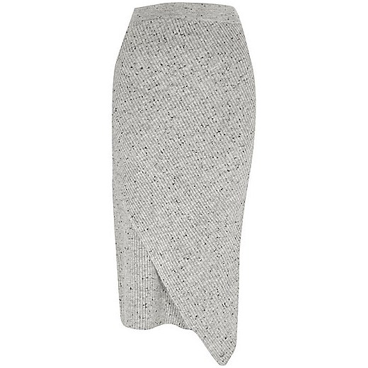 Grey neppy knit wrap front midi skirt 
