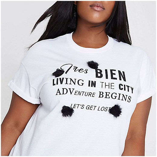 Plus white 'tres bien' pom pom T-shirt  River Island bialy  