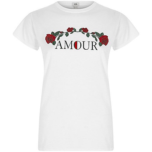White 'amour' rose print fitted T-shirt  szary River Island  