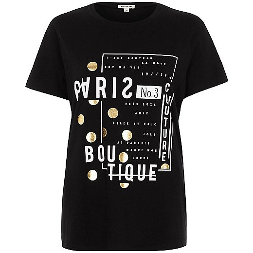 Black 'Paris boutique' print fitted T-shirt  czarny River Island  