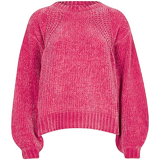 Pink chenille knit balloon sleeve jumper  rozowy River Island  
