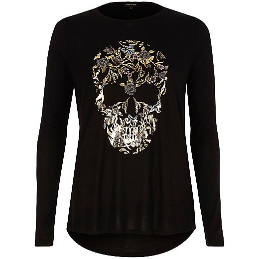 Black skull foil print long sleeve T-shirt  czarny River Island  