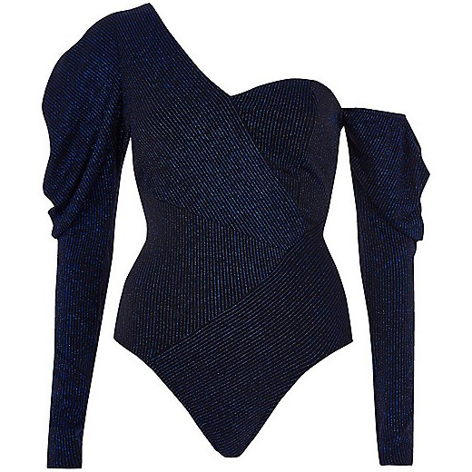 Blue glitter stripe puff sleeve bodysuit  czarny River Island  