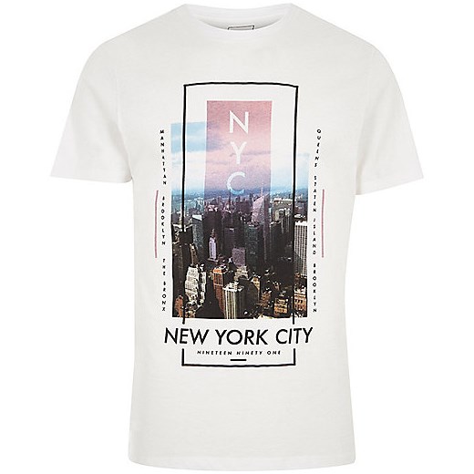 White 'New York City' print slim fit T-shirt  River Island szary  