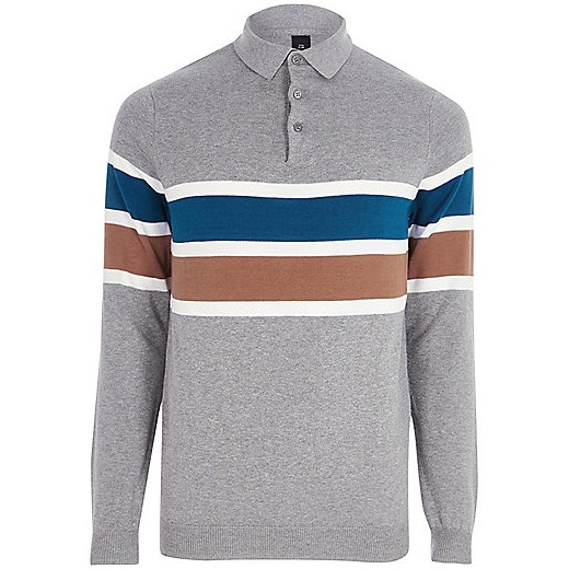 Grey blocked slim fit knitted polo shirt  szary River Island  