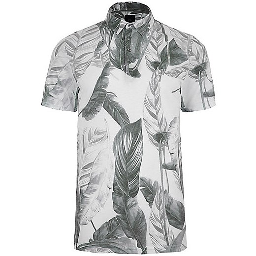 Grey mono leaf print slim fit polo shirt  szary River Island  