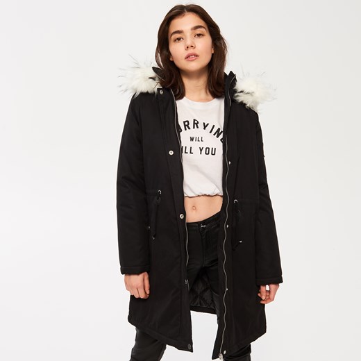 Sinsay - Ocieplana parka z futerkiem - Czarny czarny Sinsay M