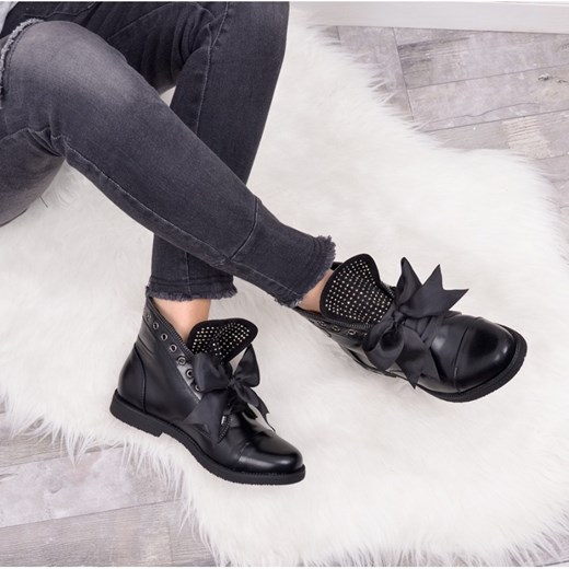 Czarne skórzane workery kokardziaki bialy 41 MadamRock