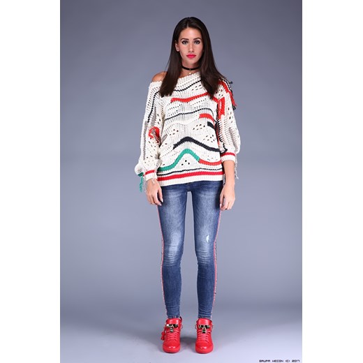sweter damski ottovince ** swobodny - biel + kolory + frędzle