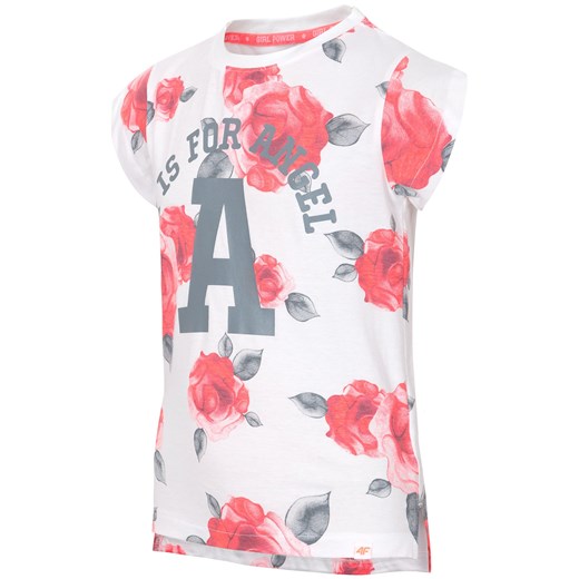 T-shirt dla małych dziewczynek JTSD104 - szare róże  rozowy  4F