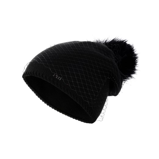 Wełniana czarna czapka z pomponem i woalką ISOLA  Primamoda  