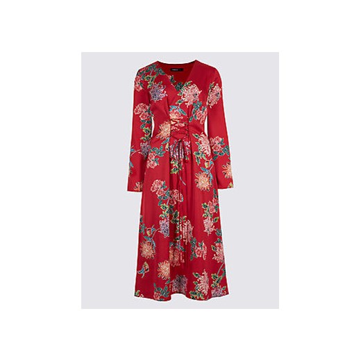 Floral Print Satin Swing Midi Dress  czerwony Marks & Spencer  Marks&Spencer
