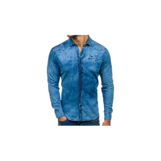 Koszula męska jeansowa z długim rękawem granatowo-niebieska Denley 702  Denley.pl L wyprzedaż Denley 