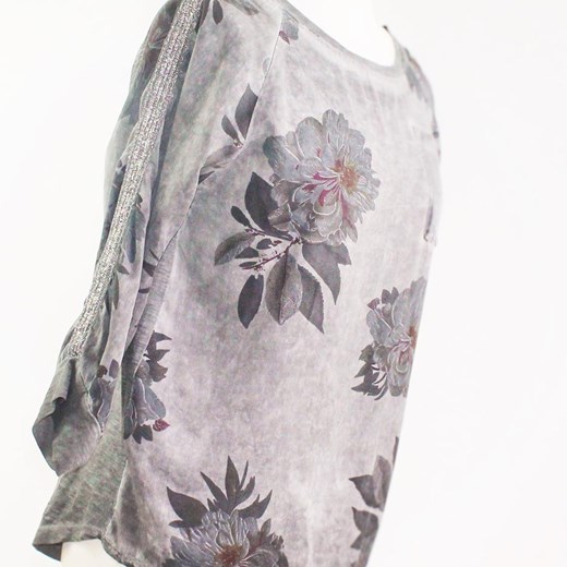Szara bluzka w kwiaty, ze srebrną lamówką, produkt włoski  szary uniwersalny Saltofikacz