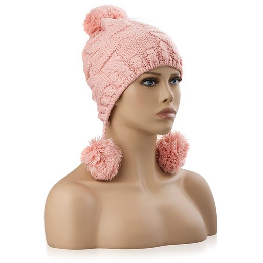 Przeplatana czapka damska z pomponami - różowa