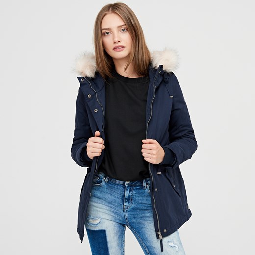 Cropp - Parka z futrzanym kapturem - Granatowy