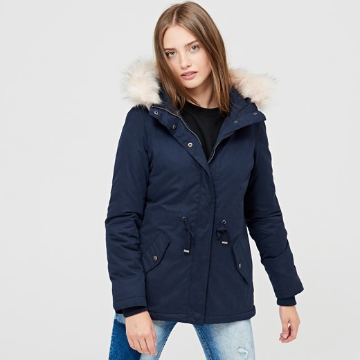 Cropp - Parka z futrzanym kapturem - Granatowy