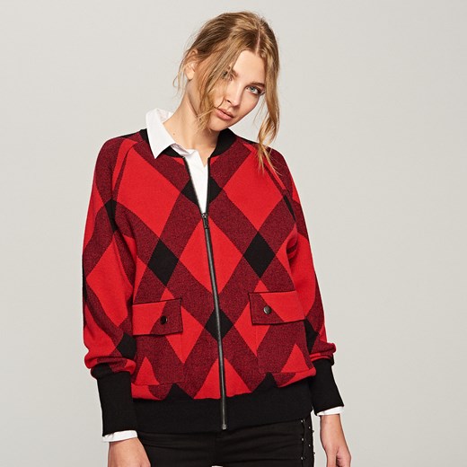 Reserved - Zapinany sweter w kratę - Czerwony