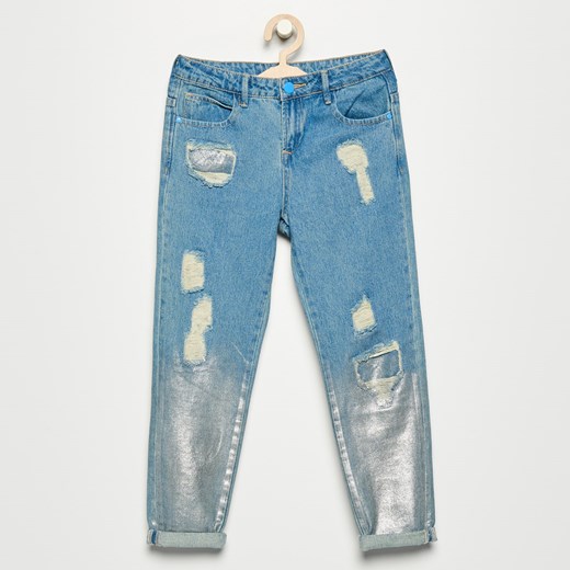 Reserved - Jeansy z przetarciami pokryte srebrną farbą - Niebieski