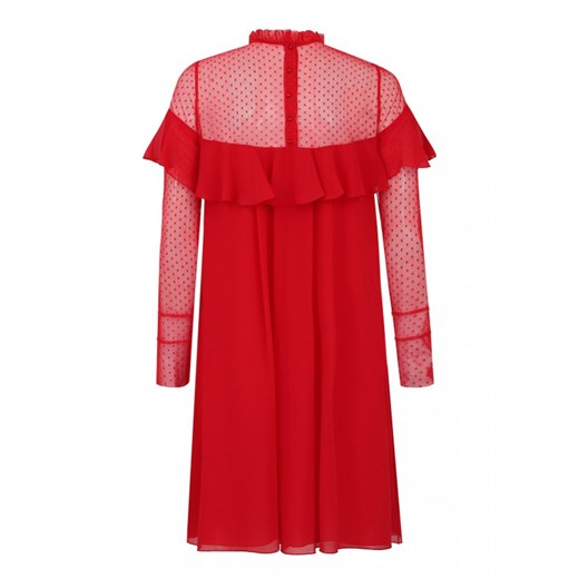 Sukienka czerwona z siateczkowym dekoltem i falbanami L'AF MUZA